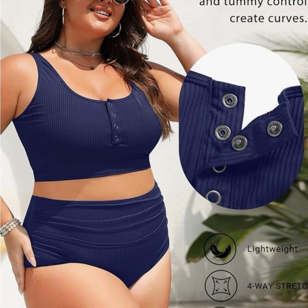 PLUS SIZE Yonique Ribbed Navy Two-Piece Tankini Set-Size 18W NWOT